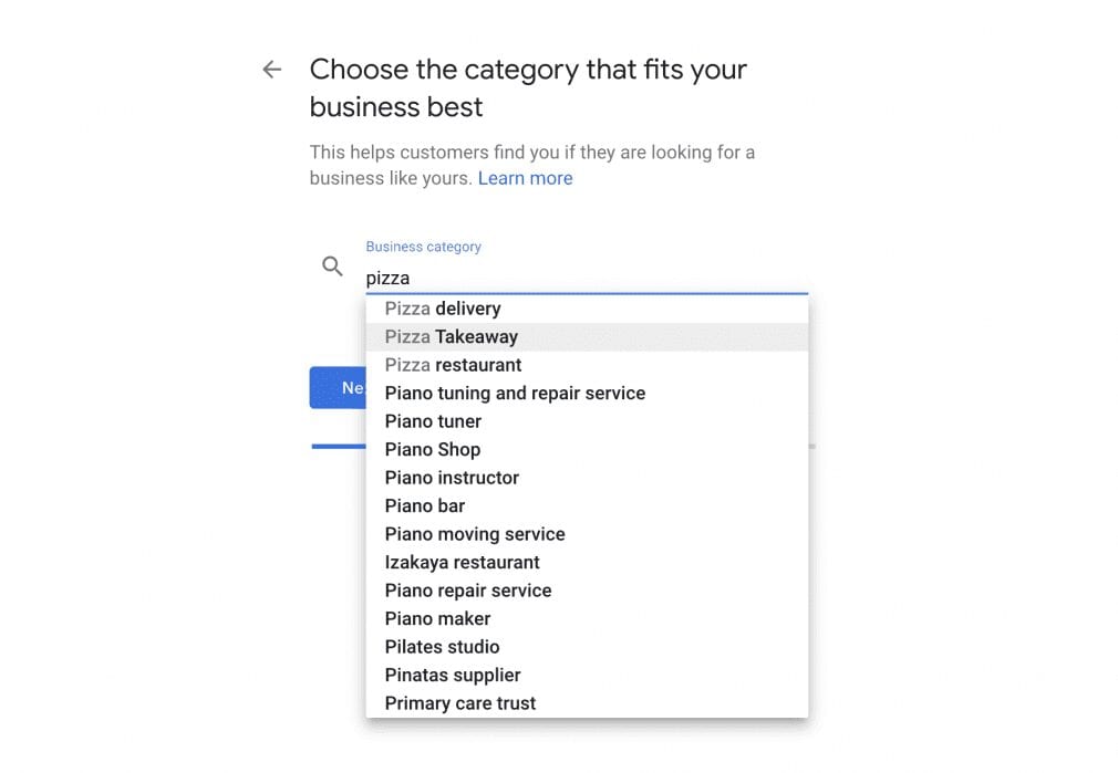 google my business listing categories