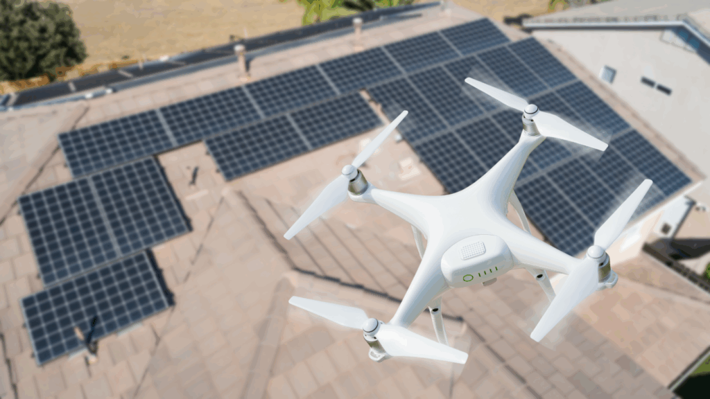 Drone Performing an Inspection on Rooftop Solar Panels