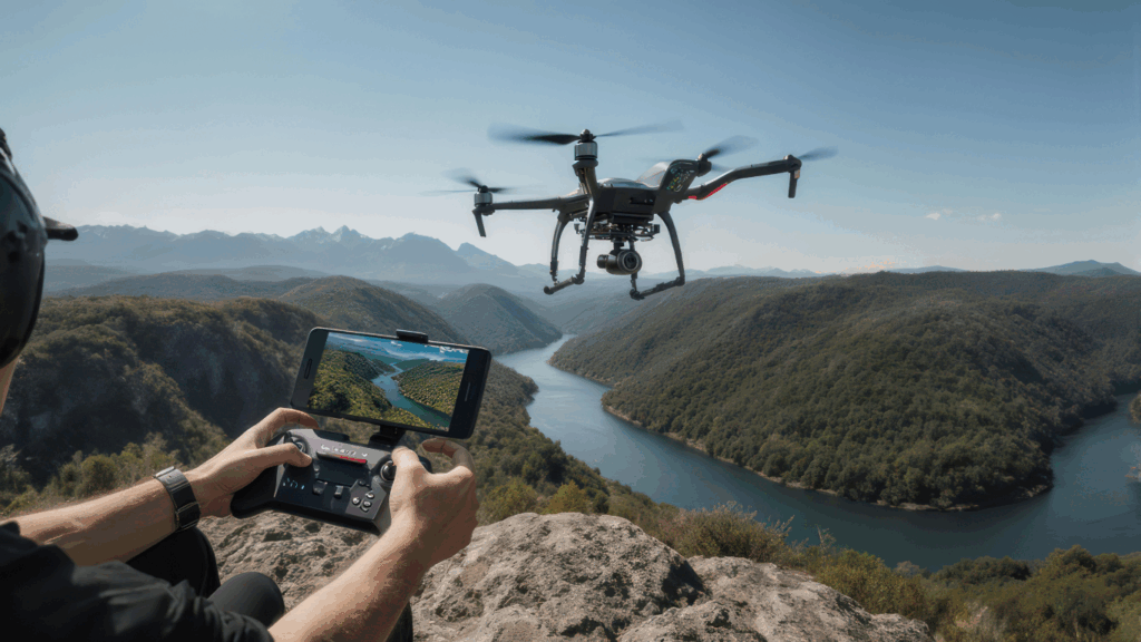 Drone flying over scenic river valley.