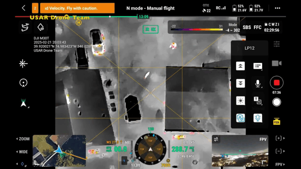 Thermal Image on a Drone of a Lost Dog being Rescued