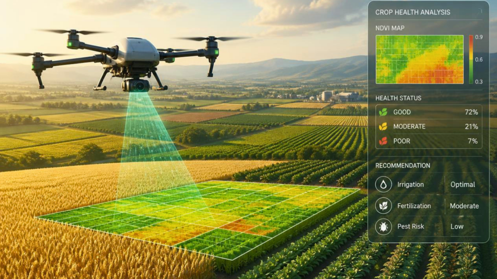 Drone Monitoring Crop Health on a Farm.