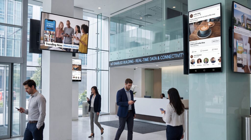 Io-T Smart Building with Social Media Ads Playing on The TVs.