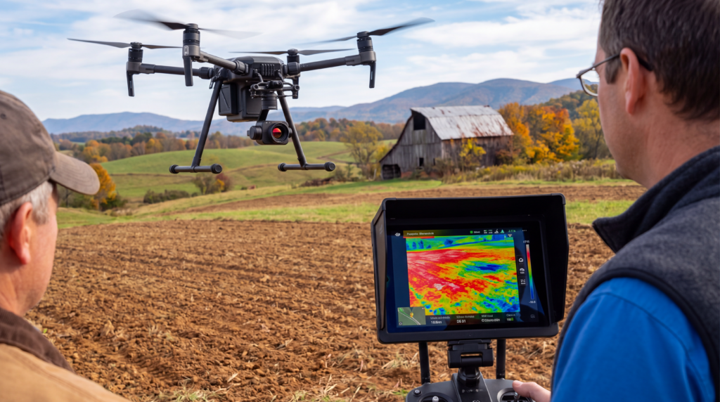 Drone Being Used to Inspect the Condition of the Soil on a Farm in Virginia.