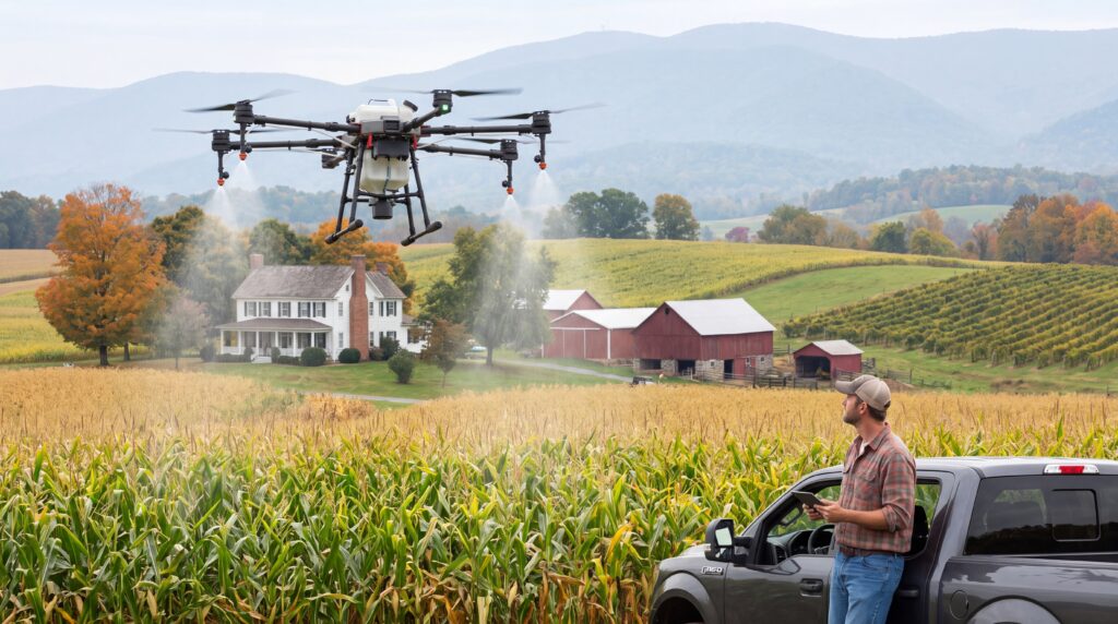 Drone Being Used to Spray Crops on a Farm in Virginia.